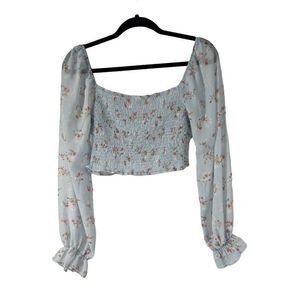 Windsor Light Blue Floral Puff‎ Sleeve Cropped Ruched Top Sz L Juniors